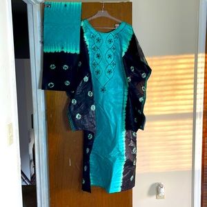 Beautiful Teal and Smokey darn brown African dress with head wrap